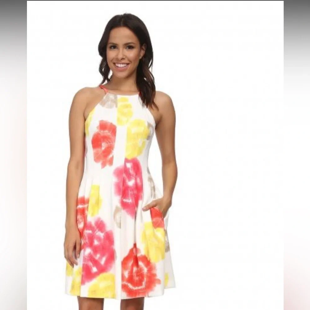 Calvin Klein Floral White Pink Red Coral Yellow Scuba Dress size 6 - Picture 1 of 7